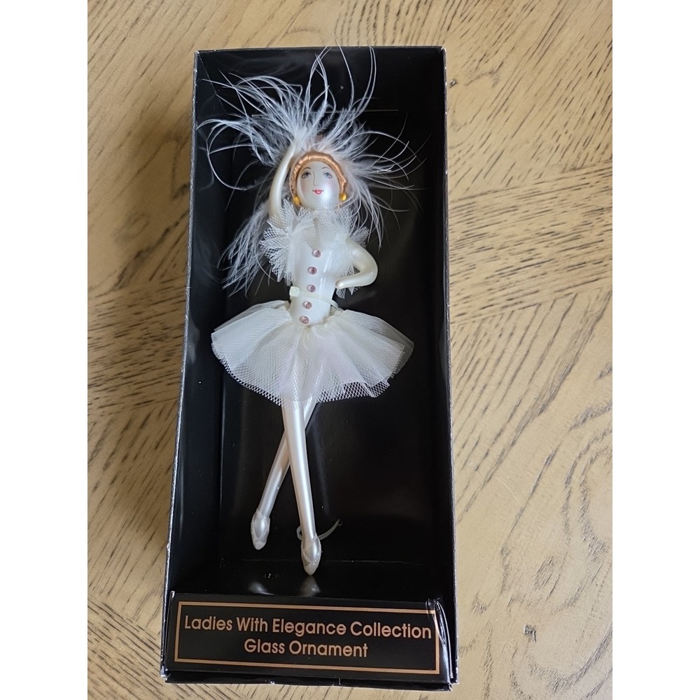 Ladies with Elegance White Ballerina Feathers Blown Glass Ornament Tall 9" NIB